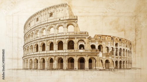 Architectural Sketch: Colosseum, Rome, Italy - A Sepia-toned Masterpiece