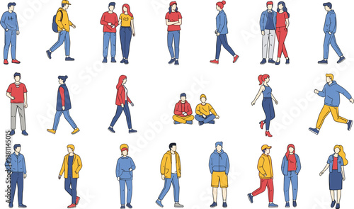 Collection of twenty four illustrated people in casual clothing showing diverse poses including standing, walking, sitting, and interacting for design concepts