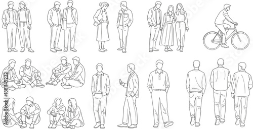 Black and white line drawing of fifteen people in casual and semi‑formal clothing showing diverse poses, interactions, and social design concepts