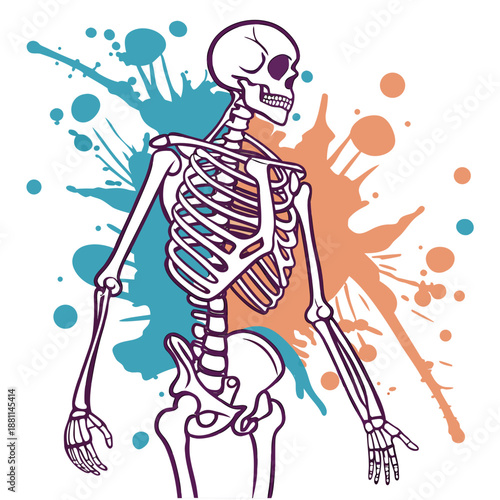Human Skeleton Torso with Paint Splatter - Abstract Medical Art