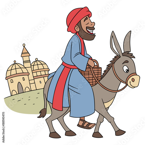 Cartoon Man Riding Donkey with Basket - Middle Eastern Travel