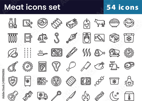 Meat and butcher icon set in linear outline style with food, beef, and chicken symbols for cooking, including 54 steak illustrations for restaurant and barbecue.
