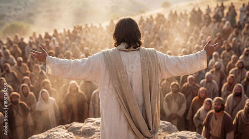 Jesus Christ preaching to large crowd from mountain top under bright sun. Savior spreading gospel and divine message to followers during biblical event. Spiritual worship, faith and religious devotion