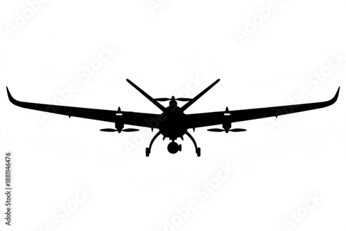 Unmanned Aerial Vehicle Silhouette: A sleek, dark silhouette of an unmanned aerial vehicle against a blank backdrop, symbolizing modern technological advancements.