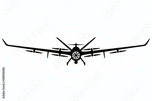 Silent Sentinel in the Sky: A sleek drone silhouette, poised in mid-flight against an open expanse, embodies modern technology and aerial capabilities.