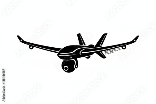 Drone Technology in Silhouette: A sleek, modern drone, rendered in elegant black, takes flight. its cutting-edge design embodies innovation, surveillance, and the relentless advancement of technology.