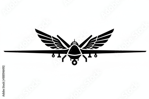 Military Drone Silhouette: A sleek, black silhouette of a military drone, with outstretched wings, symbolizes surveillance technology and aerial capabilities.