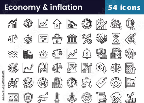 Economy and inflation icon set in linear style with growth, market, and business symbols for finance, including 54 investment illustrations for money and profit.