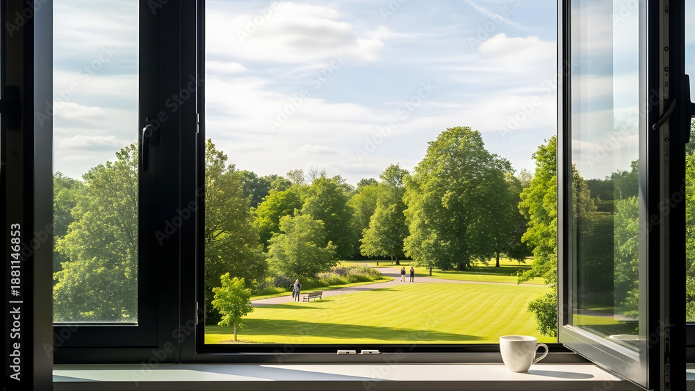 Fototapeta premium Open window view overlooking green park landscape and blue sky 