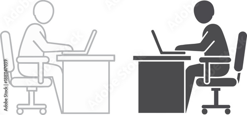 Simple icon set of a person working on a laptop at a desk, shown in outline and solid fill styles for versatility