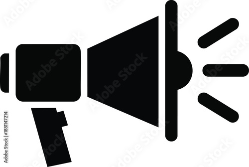 Simple black megaphone icon isolated on a white background. A bullhorn symbol representing announcement, marketing, promotion, and communication