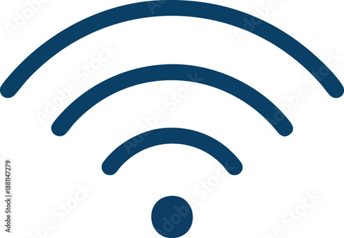 Blue Wi-Fi icon on a white background. A simple graphic symbolizing wireless internet connection, network signal, and hotspot availability