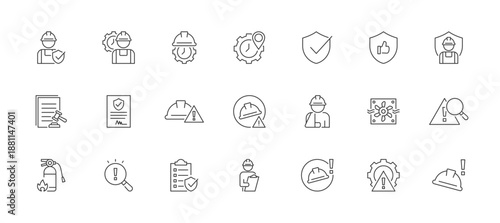 Work And Workplace Safety icon set containing work safety, worker, work, workplace, safety, safety first, worker protection, insurance, work accident, occupational risk and inspection vector icons