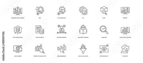 Business Intelligence and Automation Technology icon set containing business intelligence, RPA, AI technology, ETL, OLAP, report, data warehouse and data sources vector icons