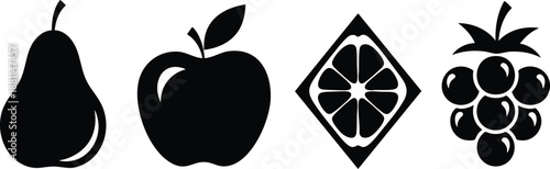 Simple black vector icons featuring a pear, apple, citrus slice, and berries on a white background