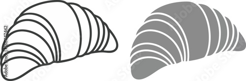 Vector graphic of a classic French croissant presented in both outline and solid icon styles