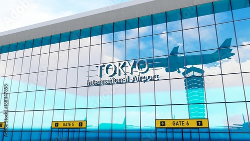 Tokyo international airport. Plane landing at Tokyo. Arrival in the city with the glass airport terminal and reflection of the jet aircraft. Travel, business, tourism and transport.