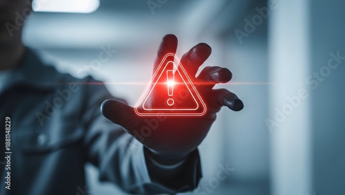 Digital security alert a hand reaches out to a glowing red warning symbol, highlighting cybersecurity threats and data protection concerns