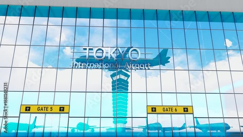 Tokyo international airport. Plane landing at Tokyo. Arrival in the city with the glass airport terminal and reflection of the jet aircraft. Travel, business, tourism and transport.