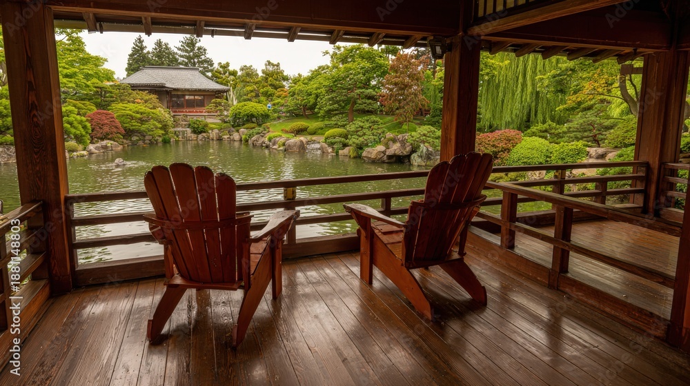 Fototapeta premium Wooden deck provides seating area overlooking serene landscape garden with pond and traditional structure