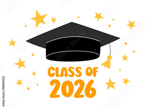 Class of 2026 illustration vector. Cute graduation print for preschool, elementary or middle school students. Fun colorful design for grads with playful text and stars