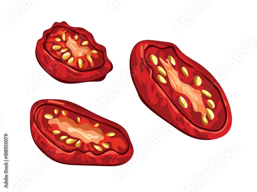 Sun-dried tomatoes. Flat vector clipart, illustration with isolated background.