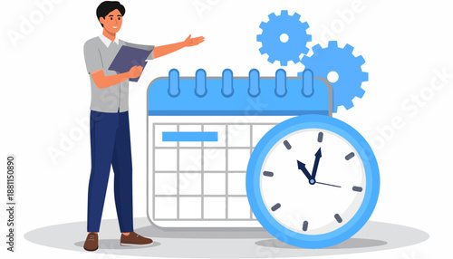 Time Management Meeting Illustration with Gears and Calendar