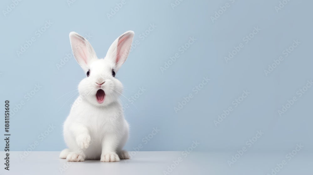 Fototapeta premium cute animal pet rabbit or bunny white color smiling and laughing isolated with copy space for easter background, rabbit, animal, pet, cute, fur, ear, mammal, background, celebration, generate by AI