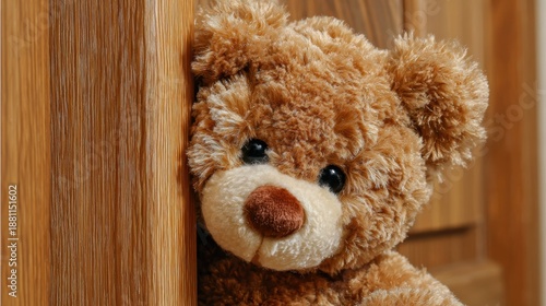 Cute brown Teddy bear toy sneak behind the door and surprise to congratulate the special day holiday festivals. game child, day care, welcome, kid day, shy childhood, party funny, generate by AI.