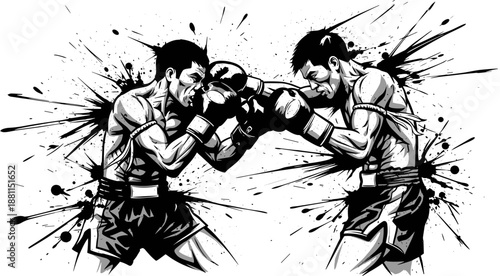 Dynamic Muay Thai Fighters Striking in Ink Splash Illustration for Martial Arts Training, Combat Sport Graphics, and Self-Defense Awareness Campaigns