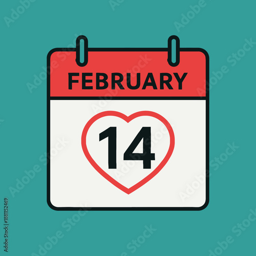 February 14 calendar page with heart mark flat vector