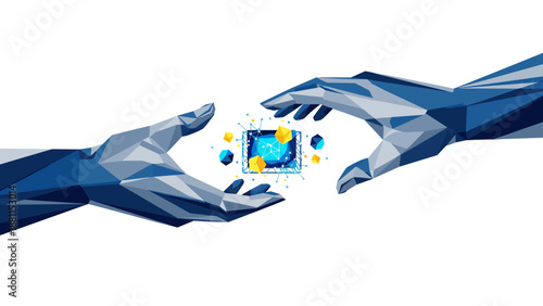 Digital hands holding a cube with glowing digital elements and icons