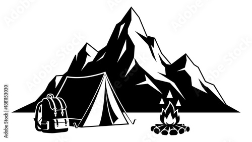 Camping scene with tent backpack and campfire at mountain landscape