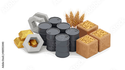 Group of construction materials including barrels bricks and nuts