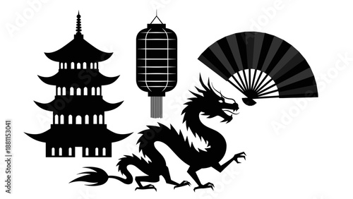 Silhouette of traditional asian elements including pagoda lantern dragon fan
