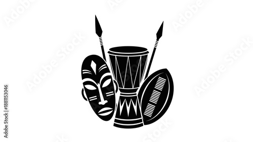 African musical instruments including drum mask and sticks