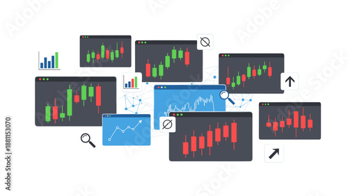 Collection of financial stock market charts with data analysis