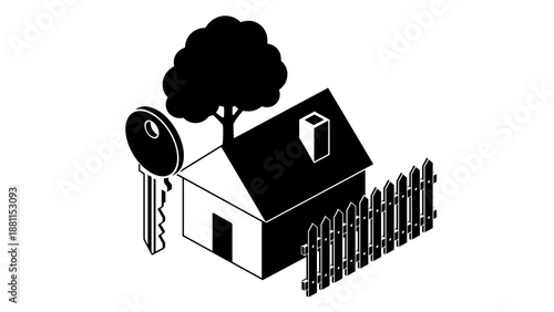 Isometric illustration of a small house with garden and fence