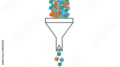 Digital data processing concept with colorful cubes flowing through funnel