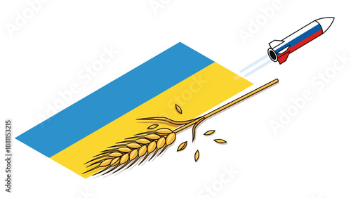 Illustration of a rocket launching over a flag with wheat and grains