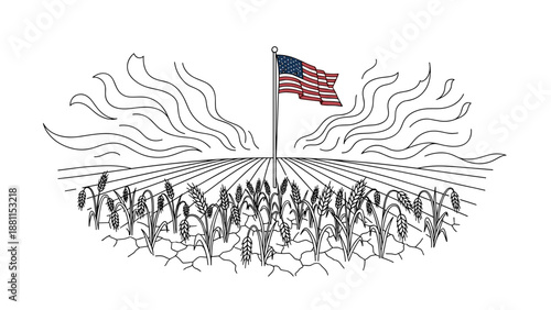 Illustration of soldiers raising an american flag battlefield