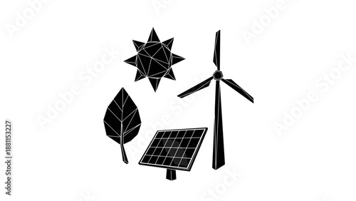 Renewable energy symbols including wind turbine solar panel and leaf