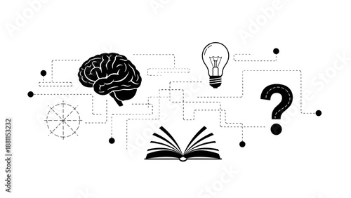 Creative illustration of a brain, light bulb, book, and question mark