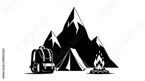 Silhouette of mountain camping scene with tent campfire and backpack