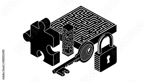 Puzzle piece with key lock and maze representing security and problem solving