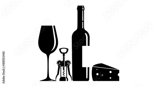 Silhouette of wine glass bottle corkscrew and cheese