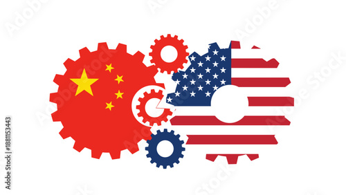 Abstract illustration of gears and wrench with chinese and american flags