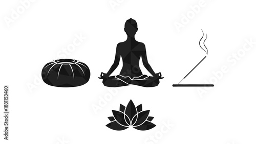 Silhouette of person practicing meditation with lotus flower and incense