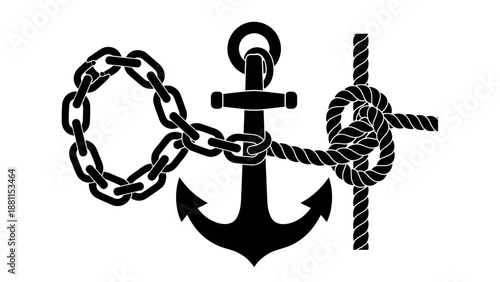 Black anchor with chain and rope