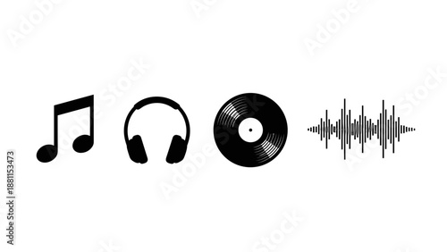 Collection of music icons including note headphones vinyl record and sound wave